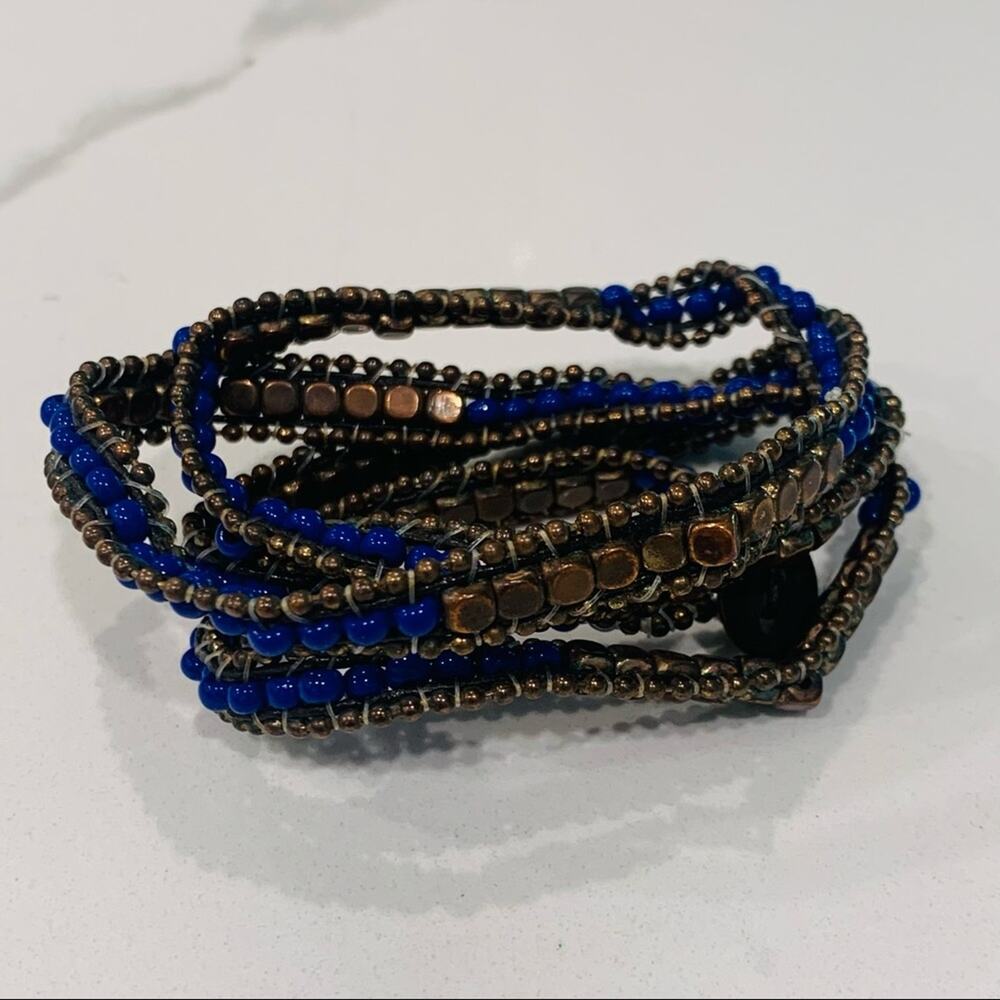 Beaded Corded Blue Copper Wrap Bracelet Total 27"